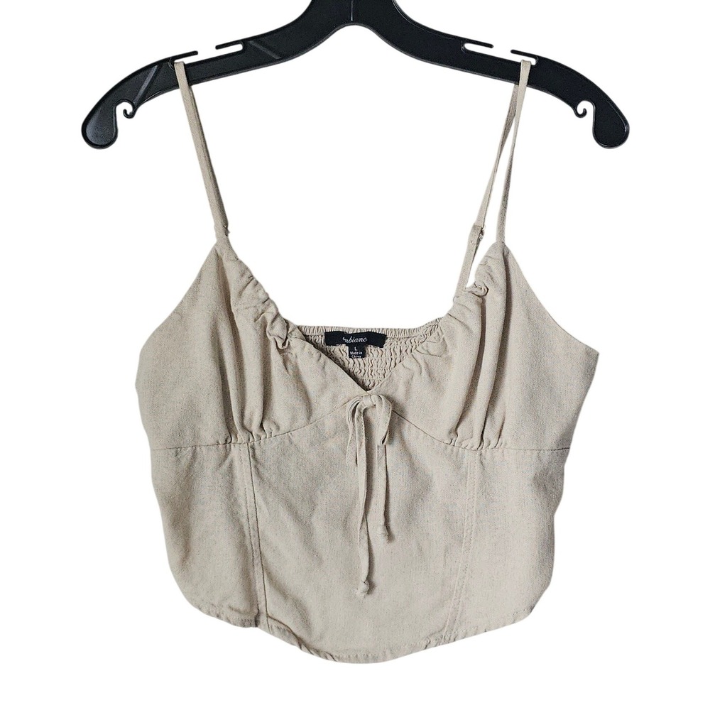 Ambiance Womens Beige Linen Blend Corset Cami Smocked Back Crop Top Large 74994